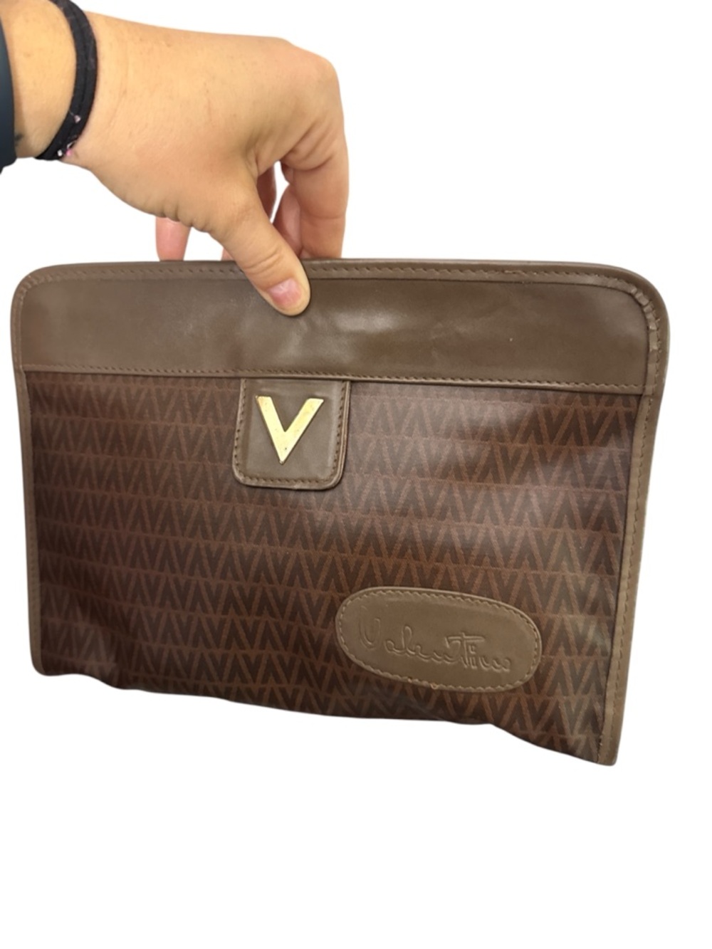 Mario Valentino Brown Leather-Trim Hinge Clutch